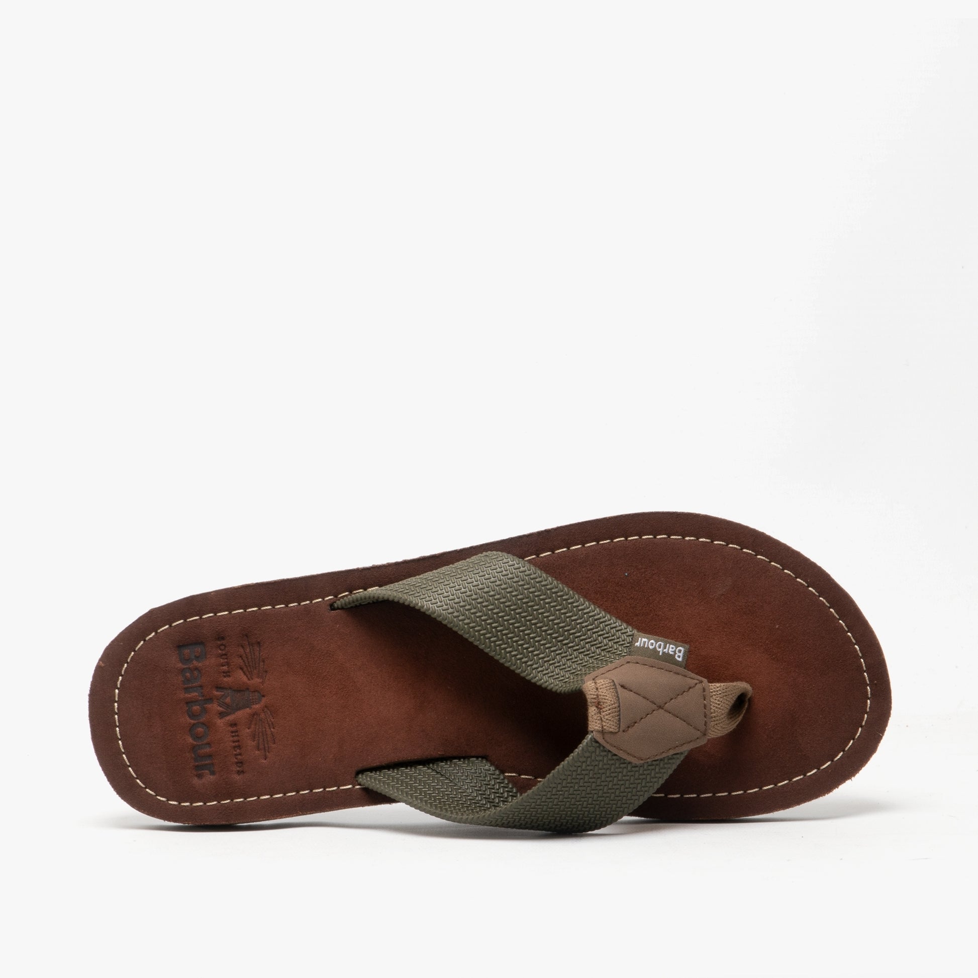 Top view of Barbour TOEMAN BEACH SANDAL Mens Flip Flops Olive showcasing the fabric upper and brown leather lining.