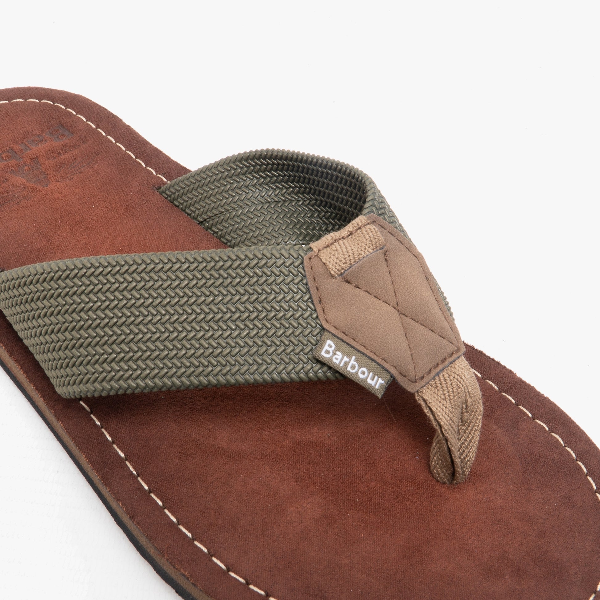 Barbour TOEMAN BEACH SANDAL Mens Flip Flops Olive top view showcasing fabric strap and leather insole detail.