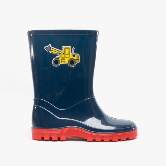 Stormwells PUDDLE Boys Digger Wellington Boots Navy Blue/Red