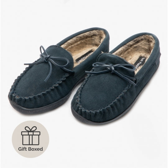 Hush Puppies ACE Mens Suede Moccasin Slippers Navy