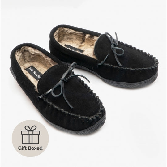 Hush Puppies ACE Mens Suede Moccasin Slippers Black