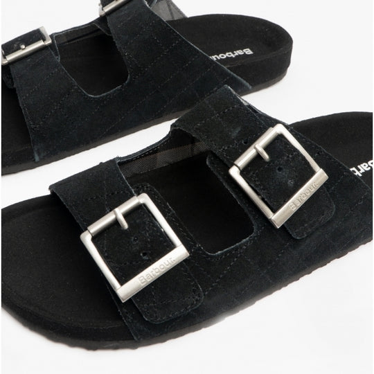 Barbour EDDIE Mens Suede Mule Slippers Black top view showing buckles and suede upper details.