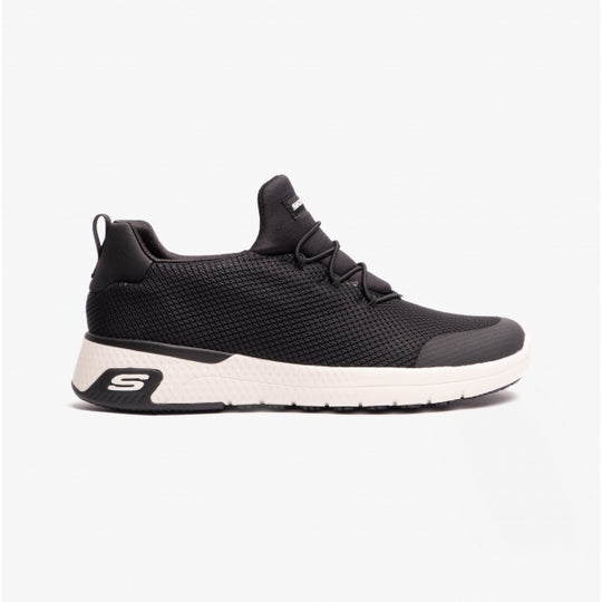 Side view of Skechers Work 77281EC MARSING - WAIOLA SR Womens Occupational Trainers Black/White with lace-up design and slip-resistant sole.