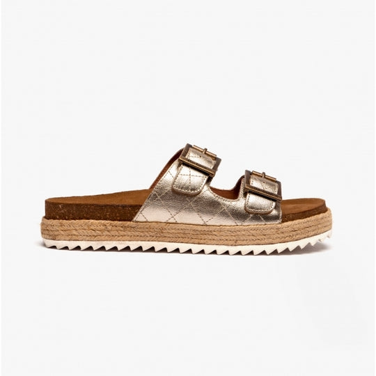 Barbour PAMELA Womens Quilted Sandals Gold Metallic side view showcasing leather upper and buckle details.