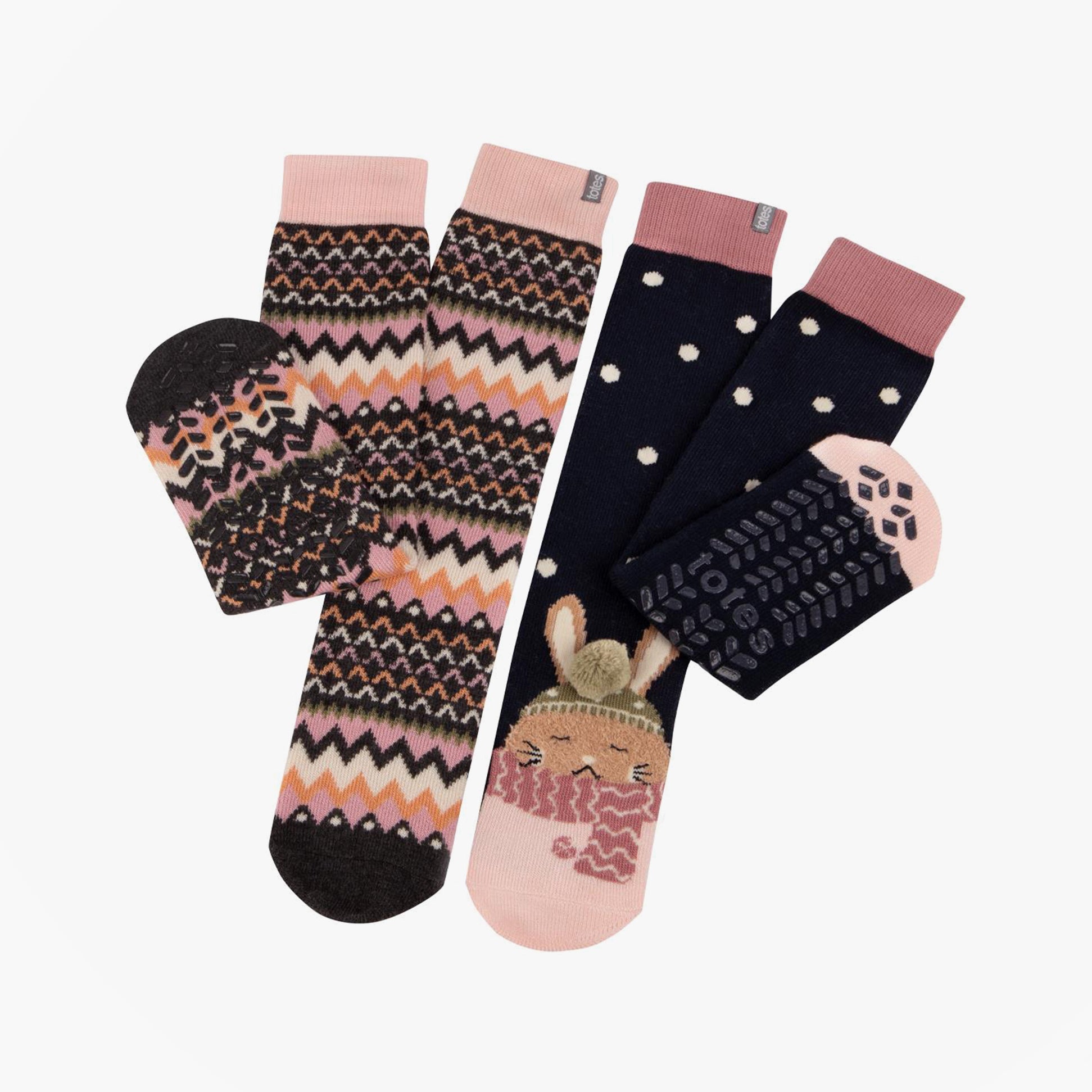 Totes Toasties 3218J ORIGINAL SLIPPER SOCKS (TWIN PACK) Womens Slipper Socks Rabbit / Fairisle
