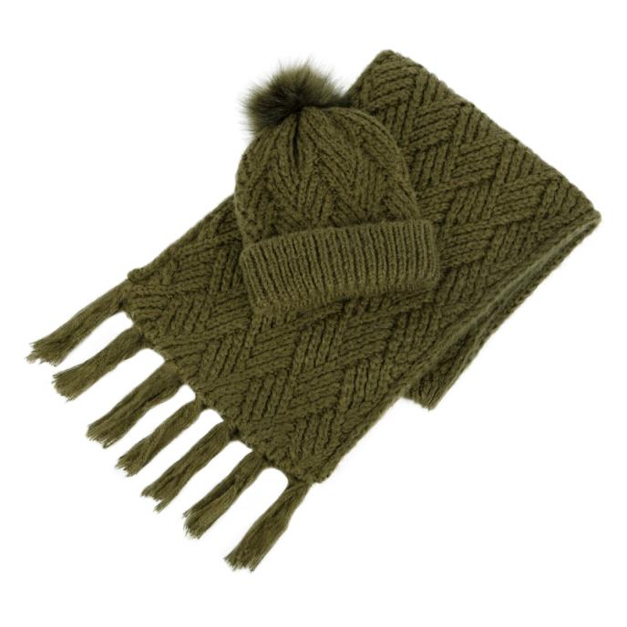 KNITTED Hat & Scarf Set Womens Khaki