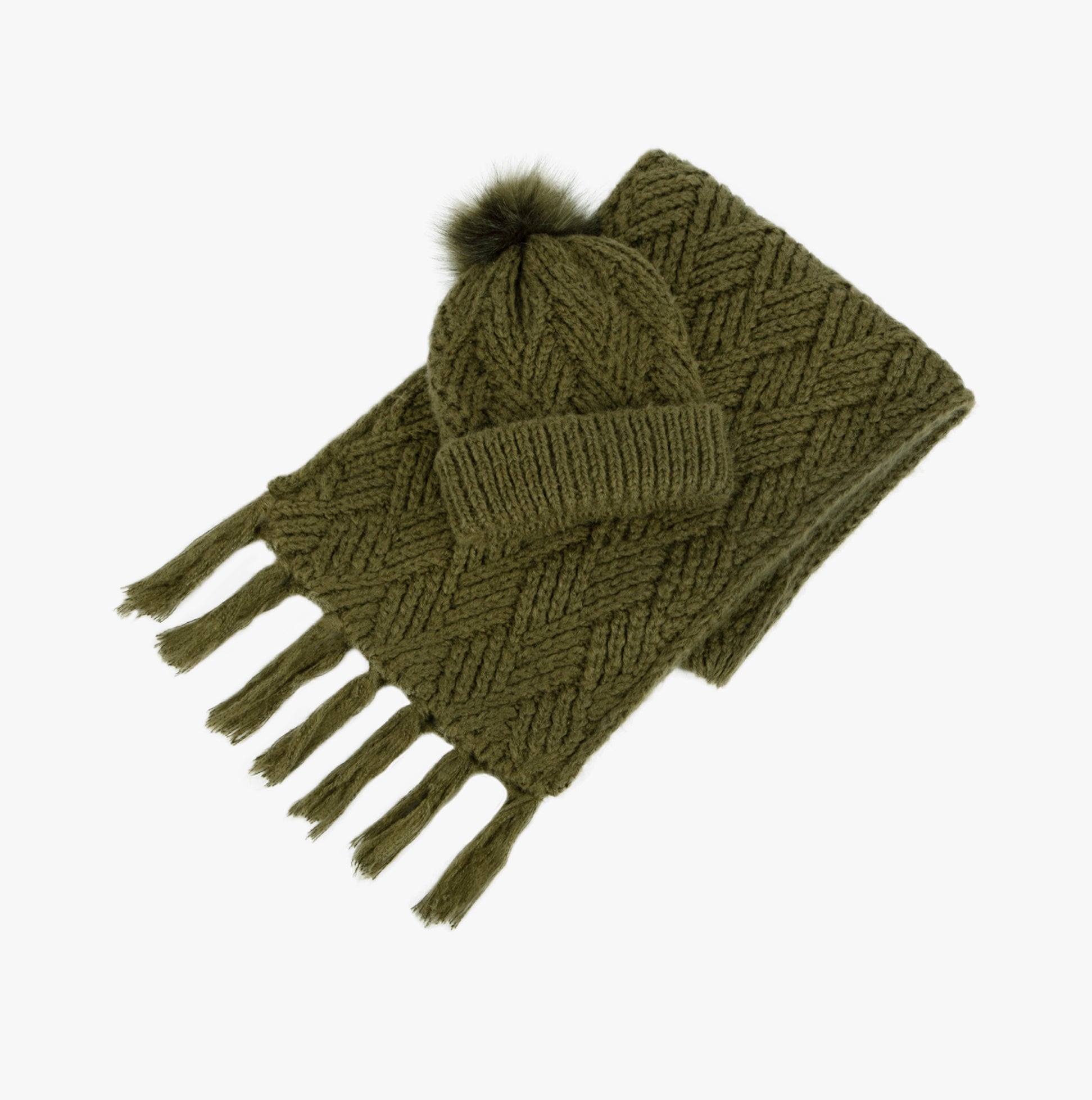KNITTED Hat & Scarf Set Womens Khaki