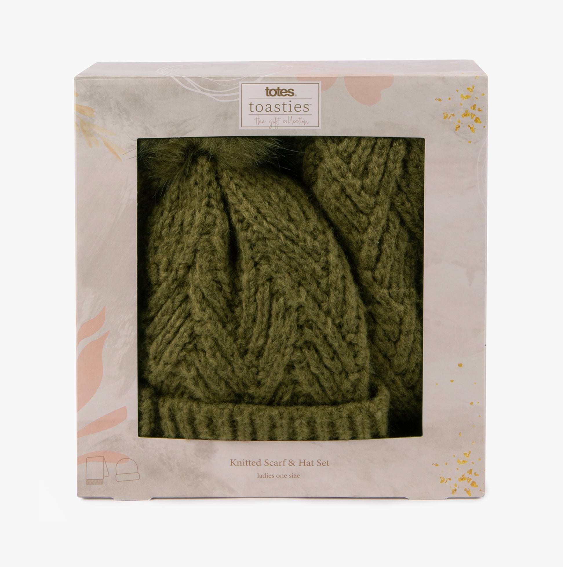 KNITTED Hat & Scarf Set Womens Khaki