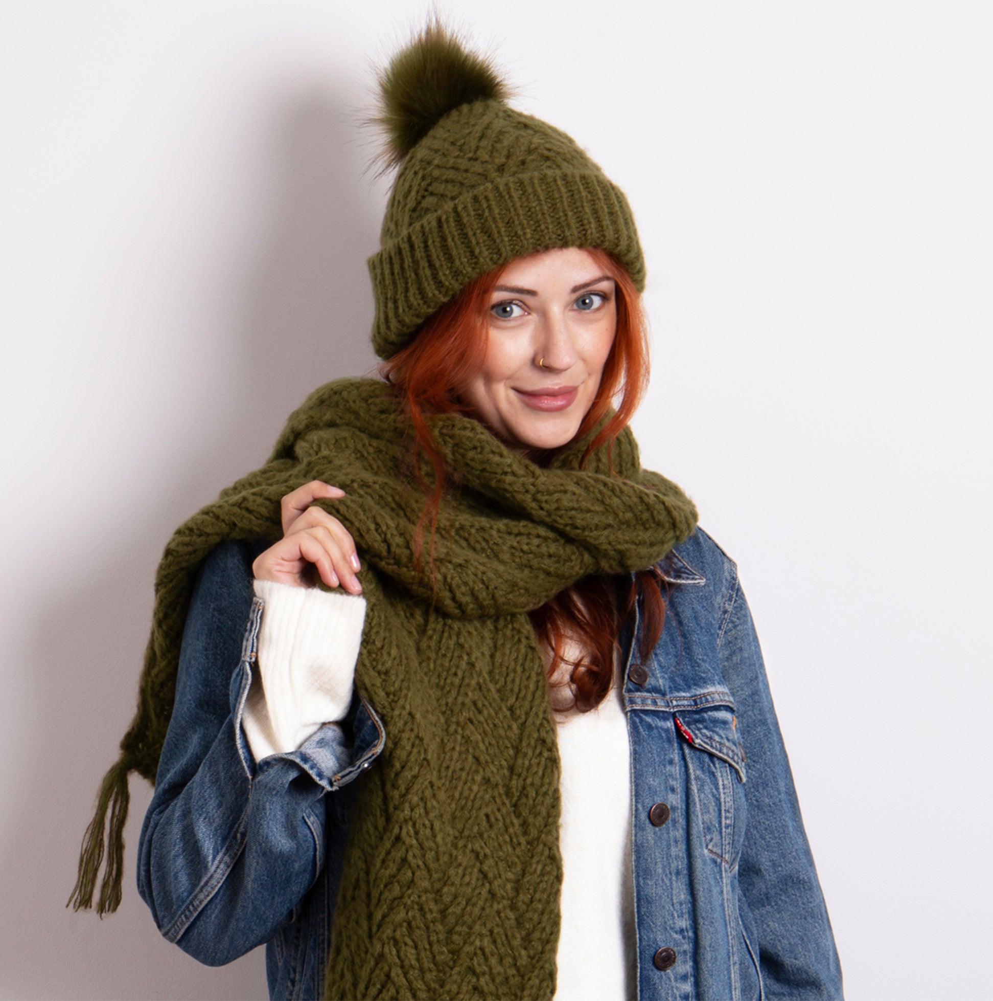KNITTED Hat & Scarf Set Womens Khaki
