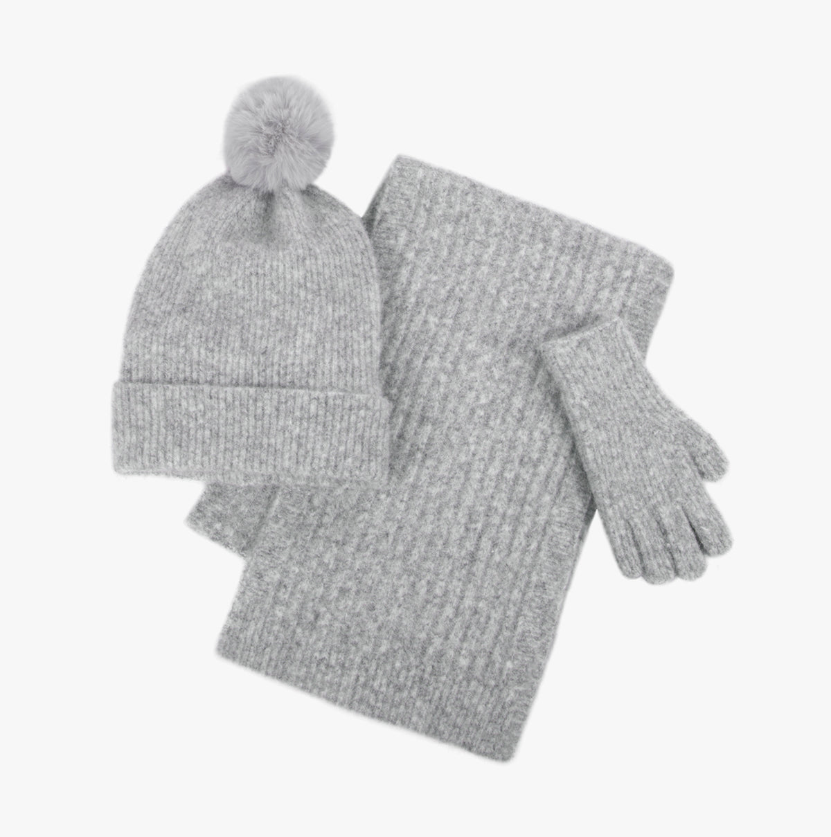 KNITTED HAT SCARF & GLOVE GIFT SET Womens Grey