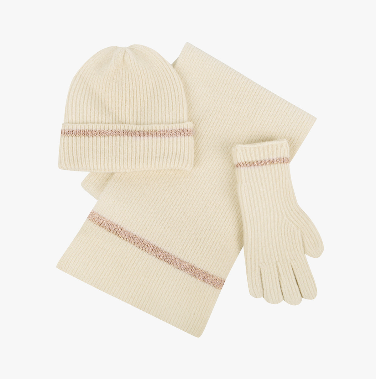 KNITTED HAT SCARF & GLOVE GIFT SET Womens Oat