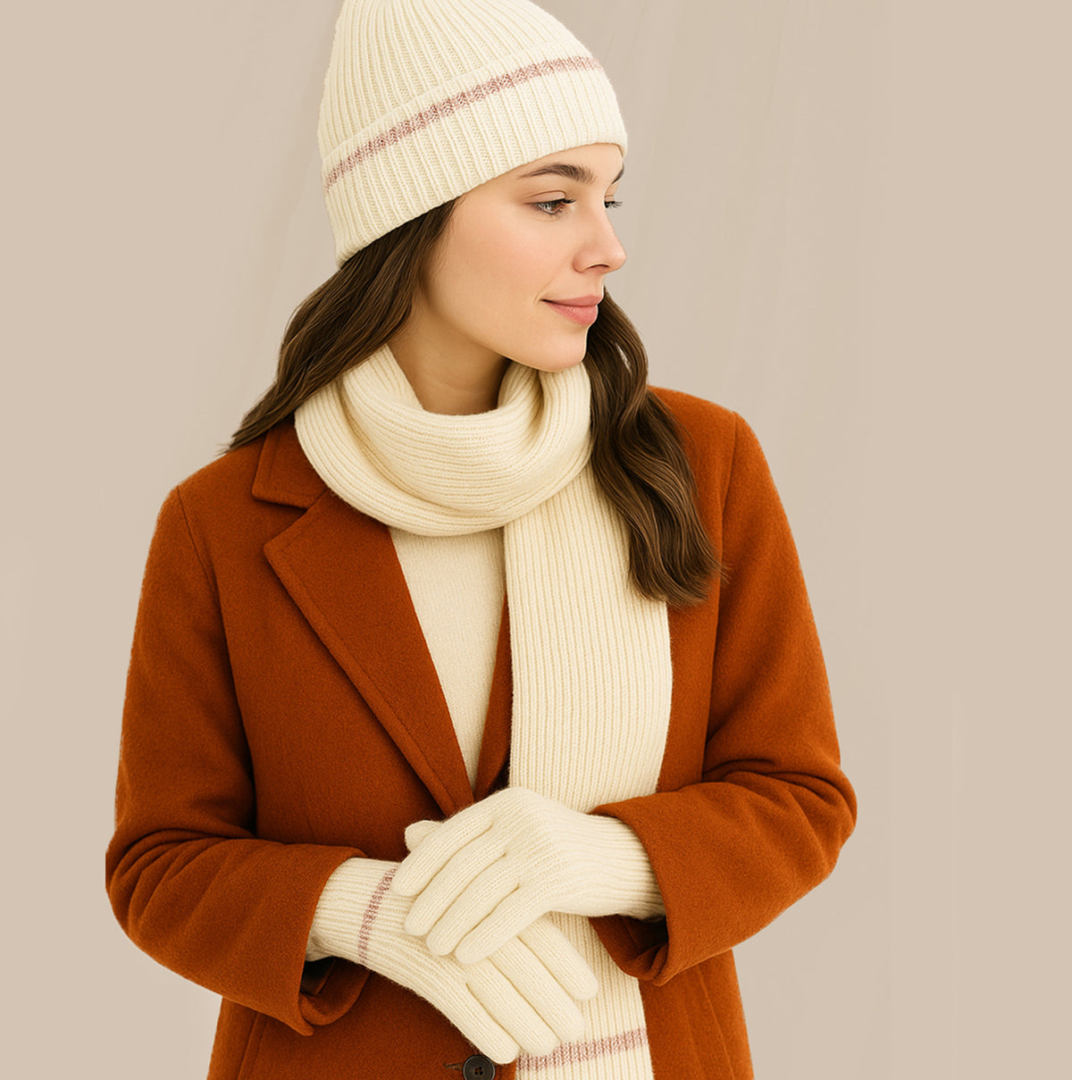 KNITTED HAT SCARF & GLOVE GIFT SET Womens Oat