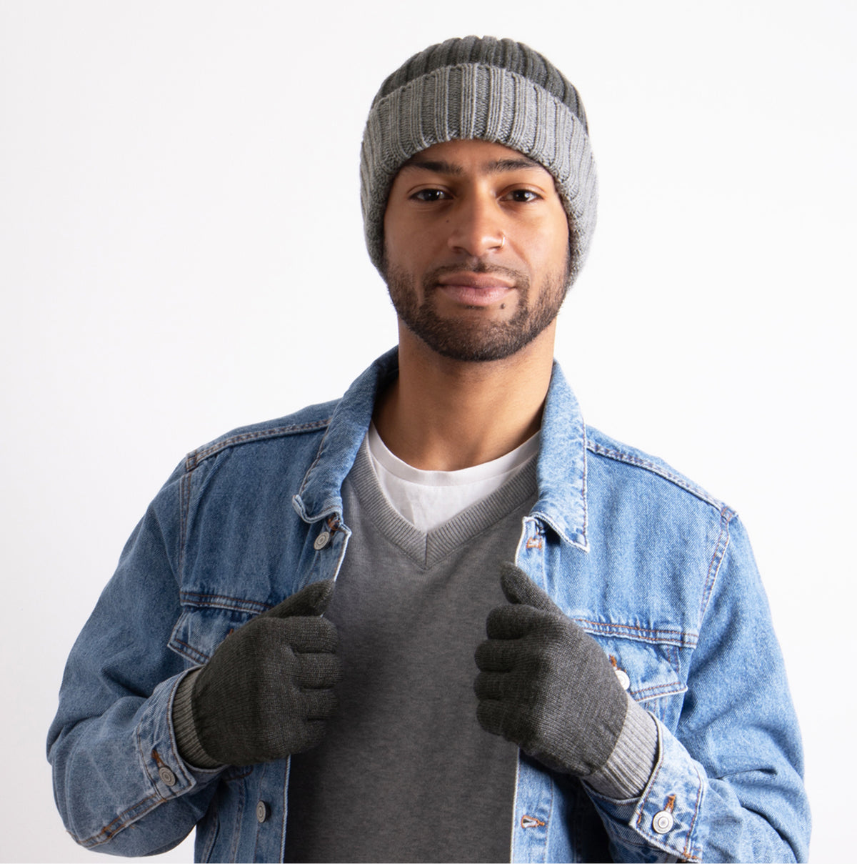 Chunky Knitted Hat & Gloves Set Mens Charcoal