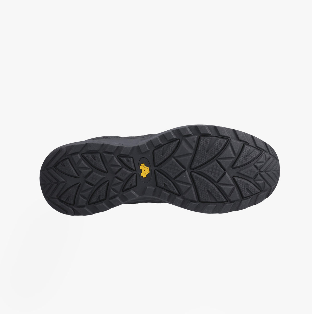 Amblers Safety RELAY Mens Safety Hiker Boots Black sole view, featuring rubber/EVA material and rugged traction design.