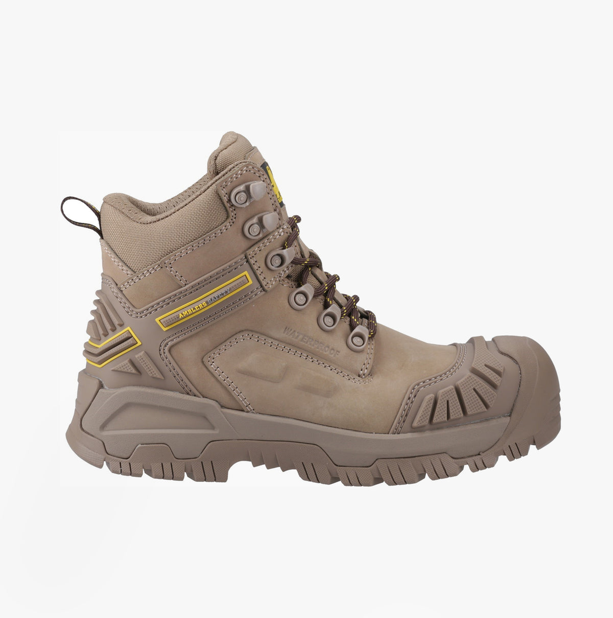 Amblers Safety MARY Womens Safety Boots Stone side view with lace-up closure and rubber sole.