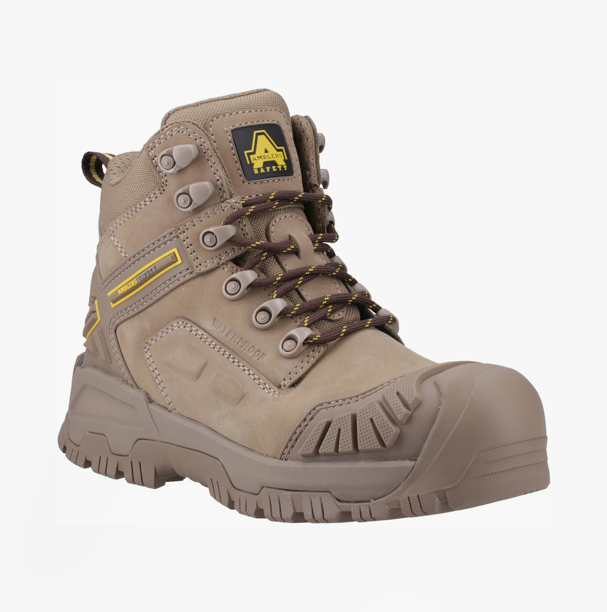 Amblers Safety MARY Womens Safety Boots Stone side view featuring lace-up closure and rubber sole.
