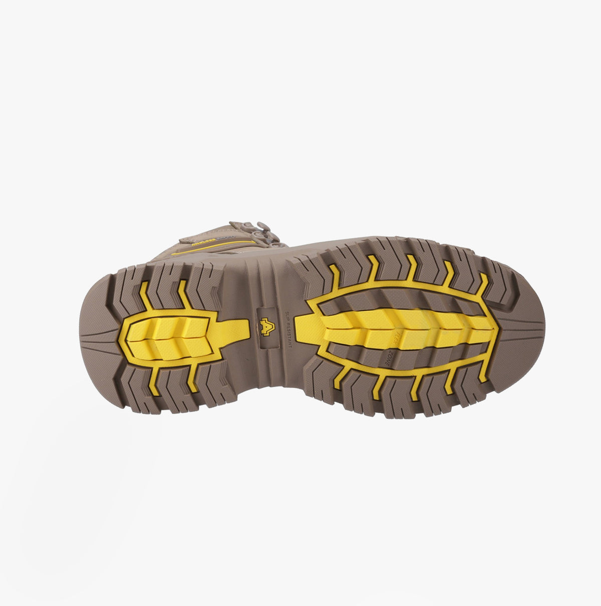 Amblers Safety MARY Womens Safety Boots Stone bottom view showing rubber/EVA sole with yellow traction features.