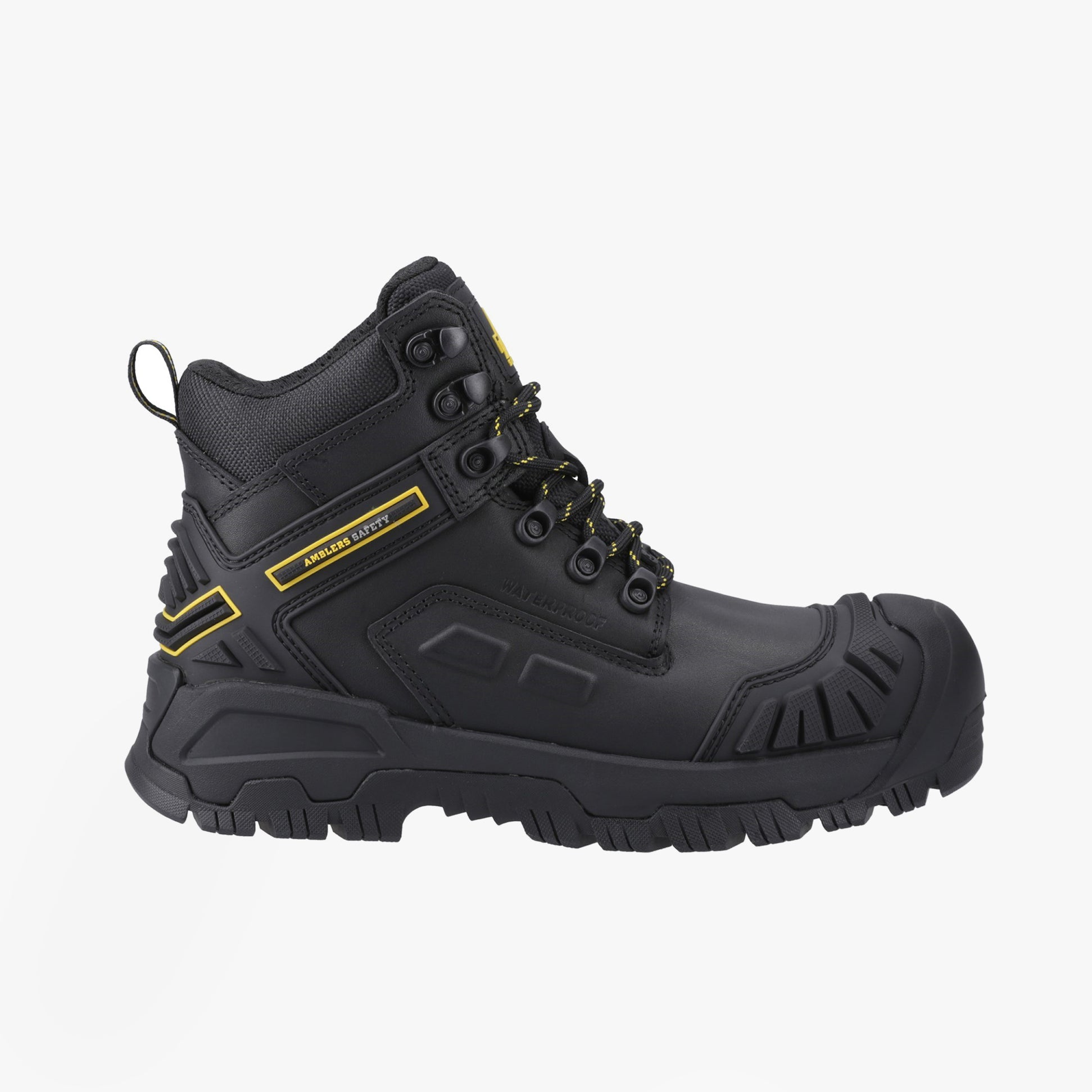 Amblers Safety MARY Womens Safety Boots Black side view showing strong rubber sole and lace-up design.