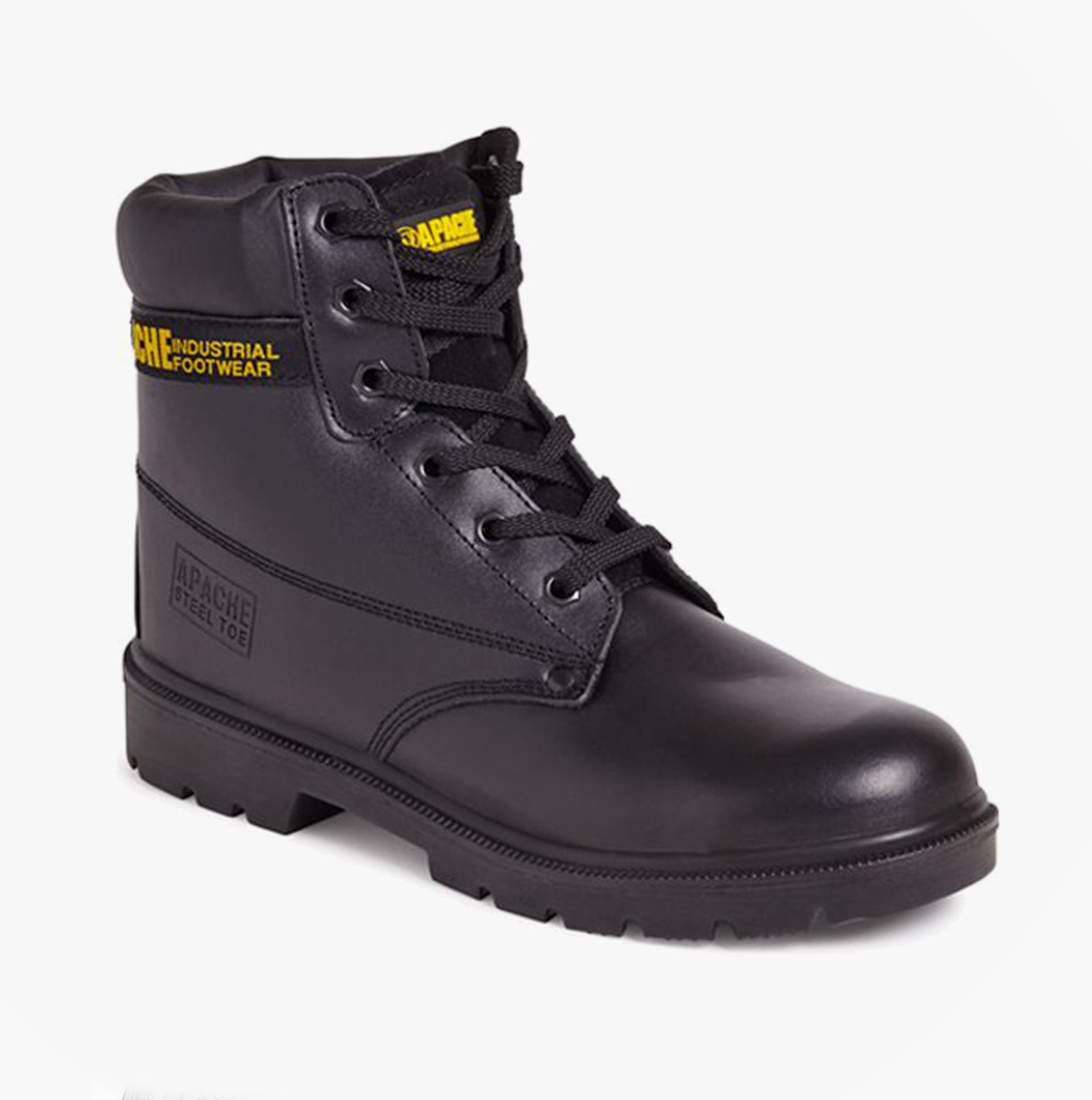 Apache AP300 Unisex Boots Black side view showcasing durable leather upper and lace-up closure.