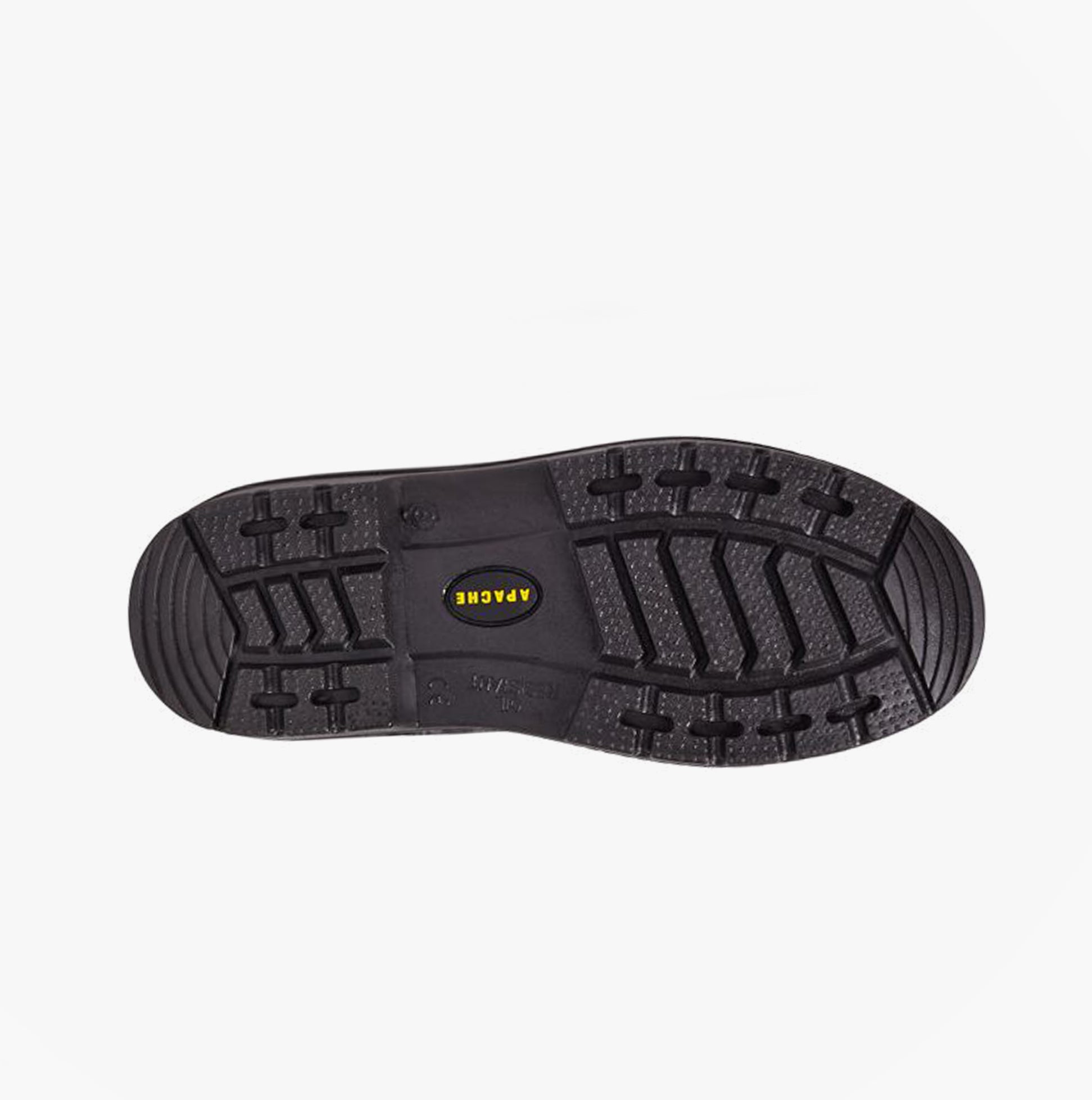 Bottom view of Apache AP300 Unisex Boots Black showing rubber sole with traction pattern.