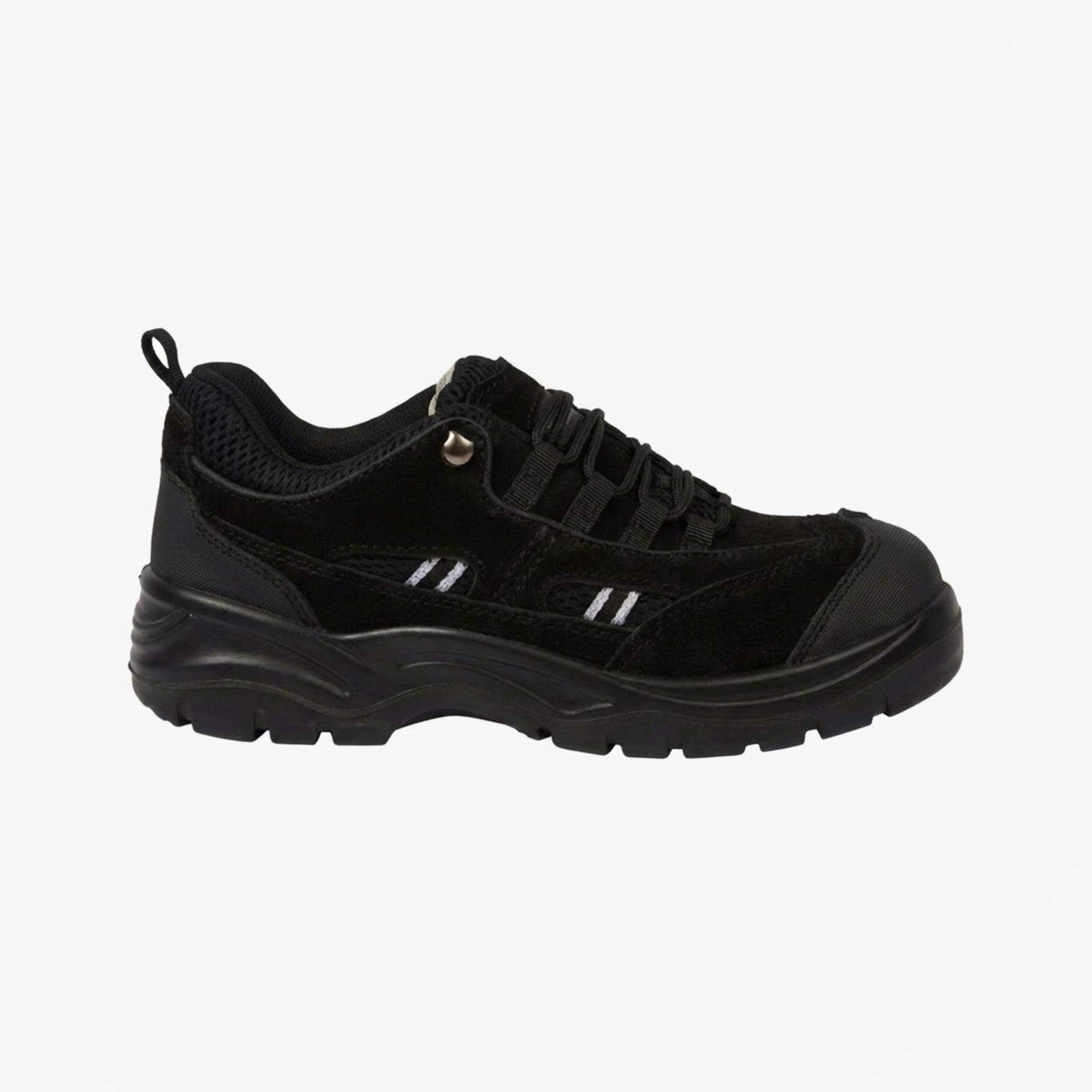 Apache AP302SM Unisex Trainers Black side view showcasing suede leather upper and rubber sole.