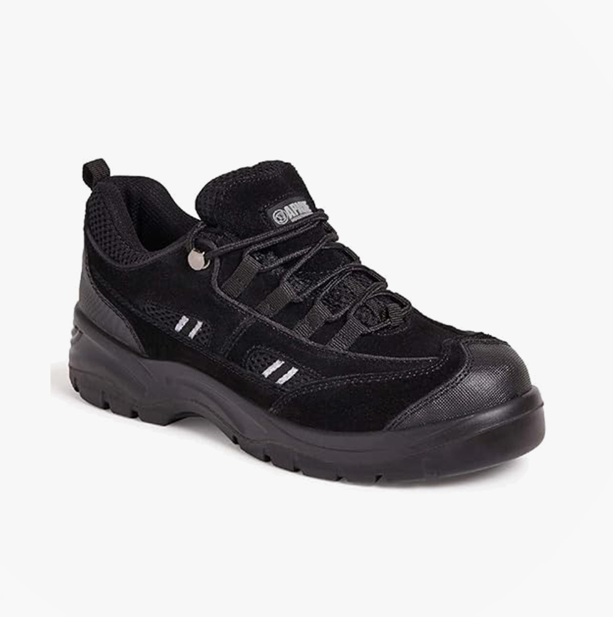 Apache AP302SM Unisex Trainers Black side view showing suede leather upper and rubber sole for safety training.