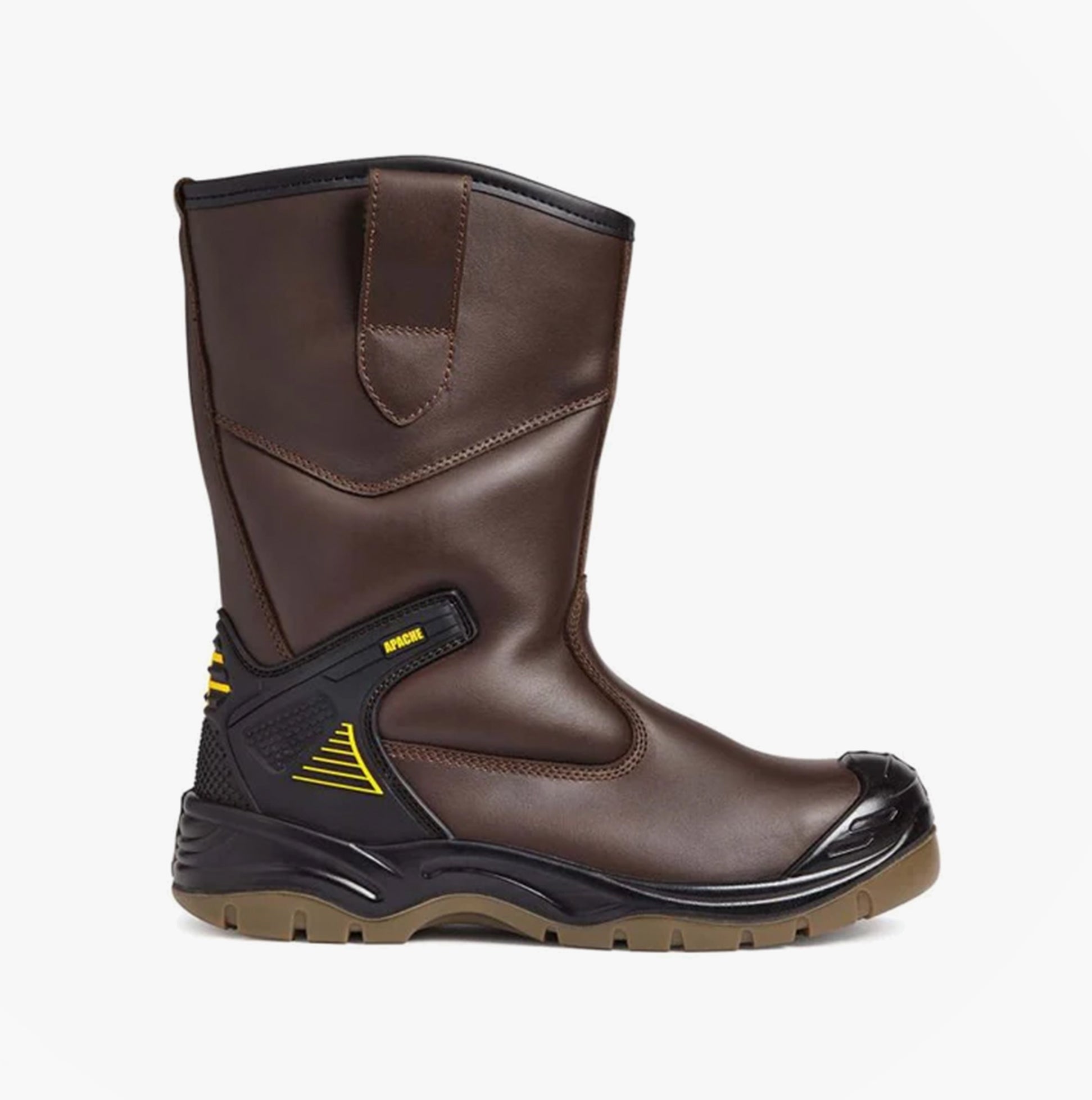 Apache AP305 Unisex Rigger Boots Brown side view showcasing leather upper and rubber sole.