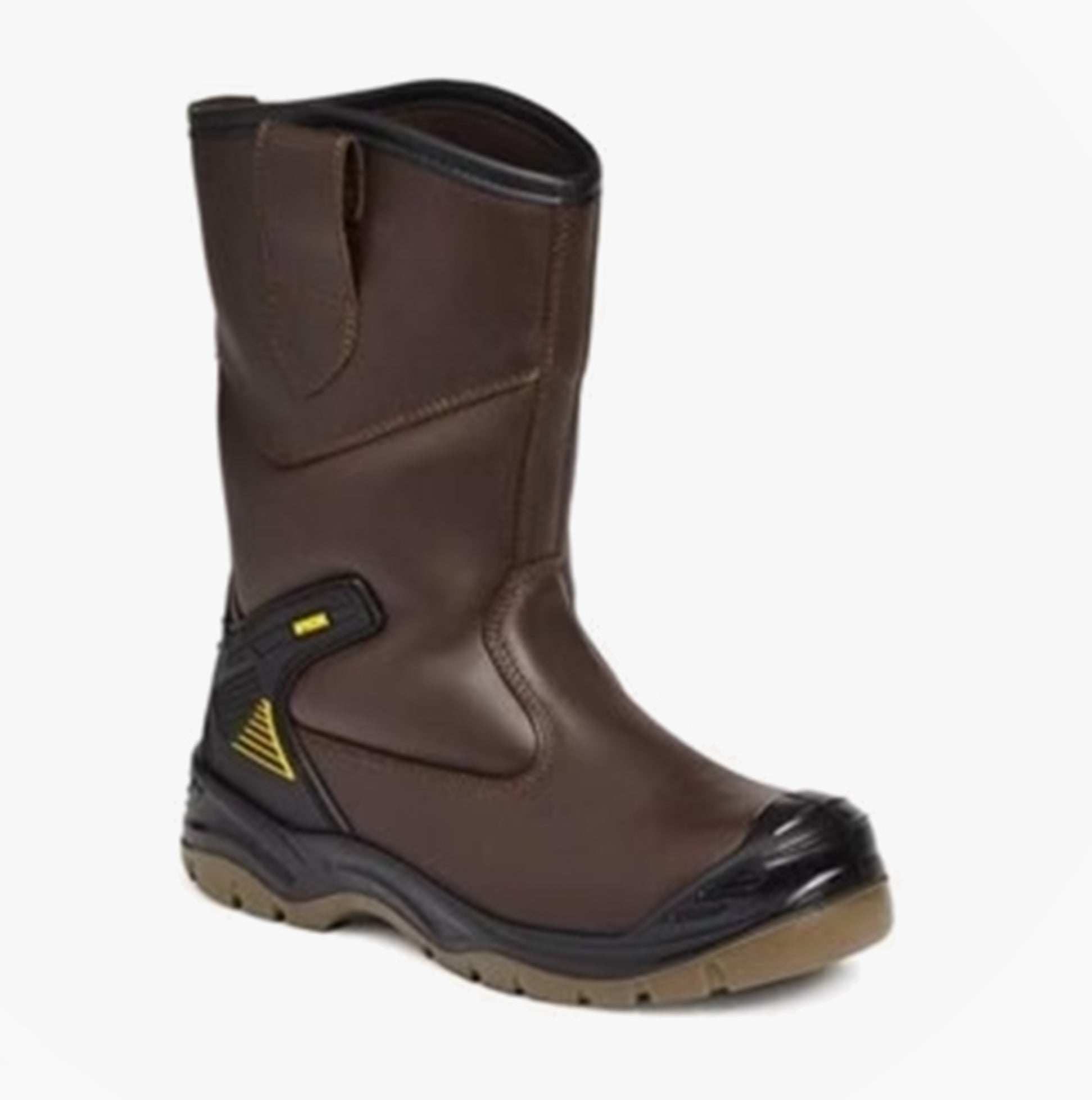 Apache AP305 Unisex Rigger Boots Brown - Side view of sturdy brown leather pull-on boots, featuring a durable rubber sole.