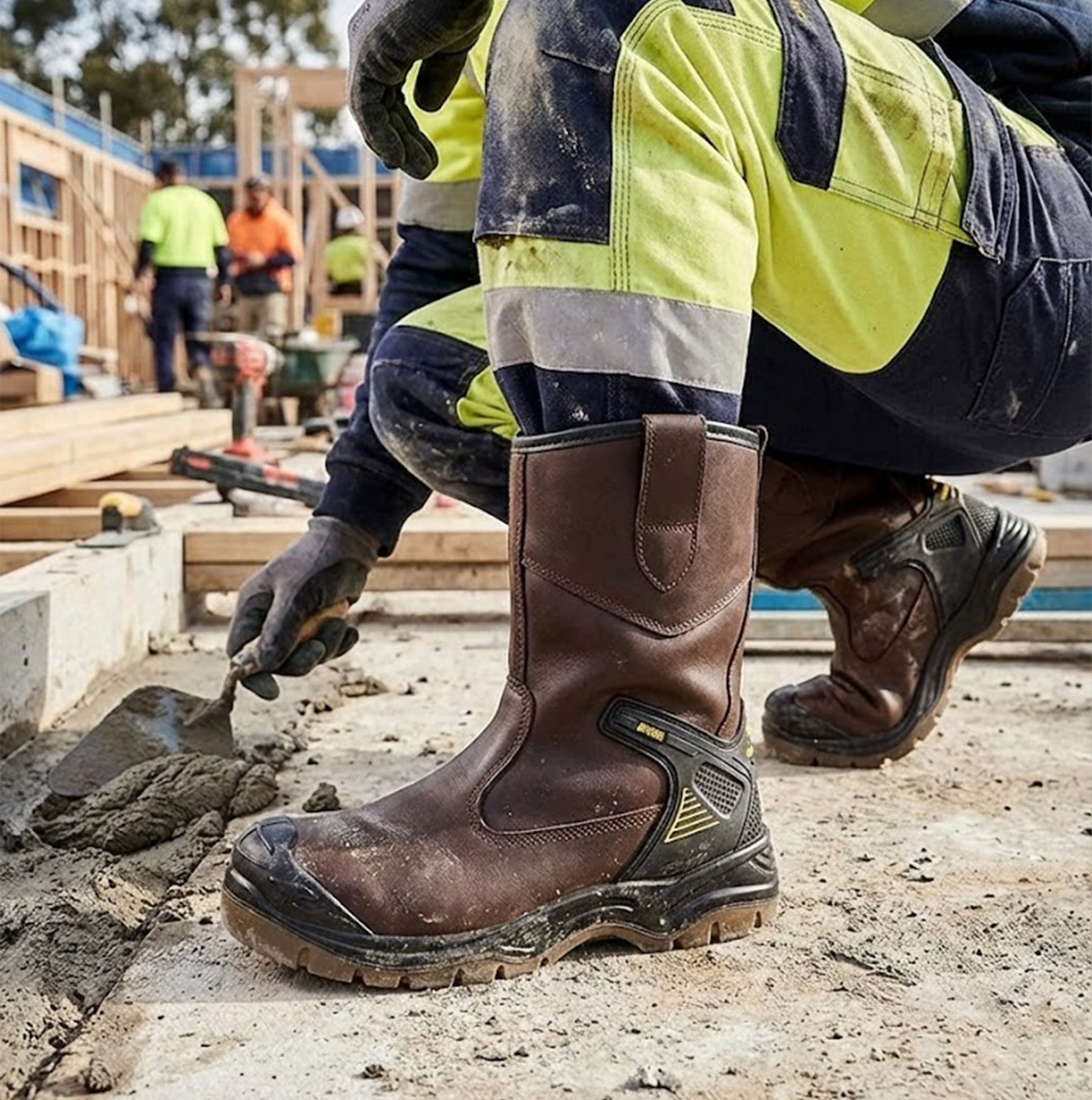 Apache AP305 Unisex Rigger Boots Brown side view worn by a worker on a construction site, highlighting comfort and style.