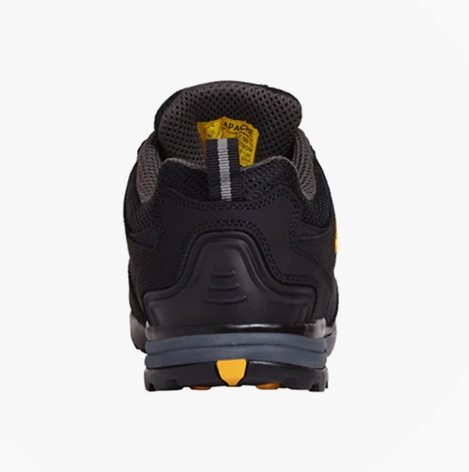 Apache AP318SM Mens Trainers Black back view with grey and yellow accents on a comfortable safety trainer.