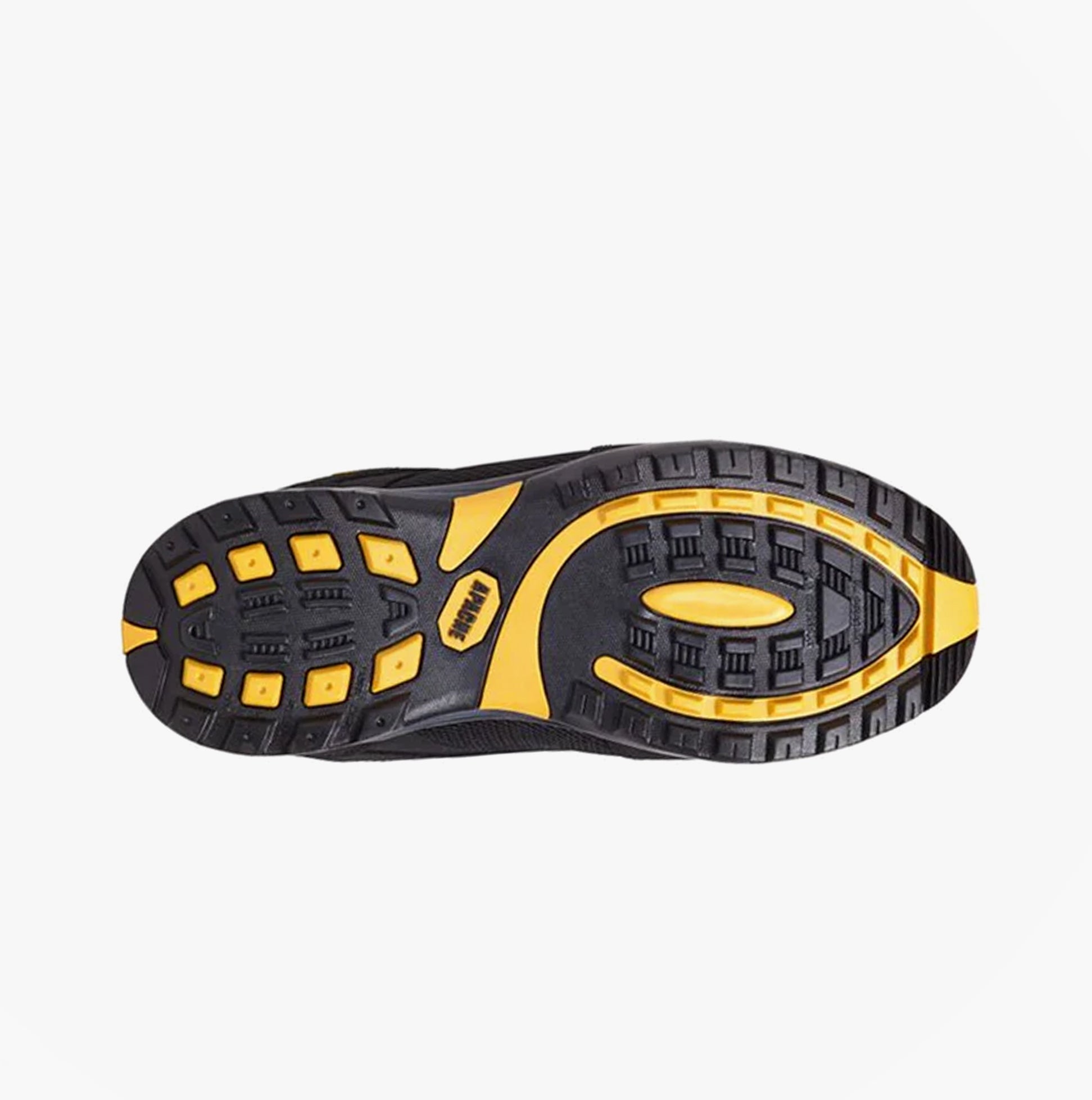 Apache AP318SM Mens Trainers Black sole view with rubber traction design, featuring heat and oil resistant features.