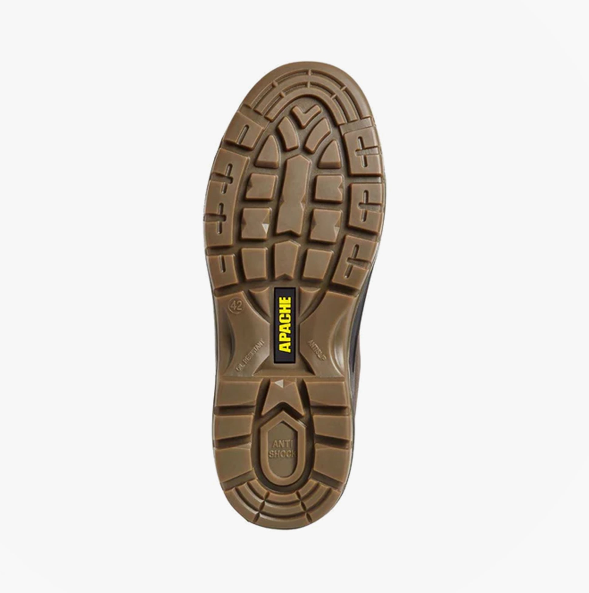 Apache AP715SM Unisex Dealer Boots Brown bottom view showing rubber sole with anti-static features and grip pattern.