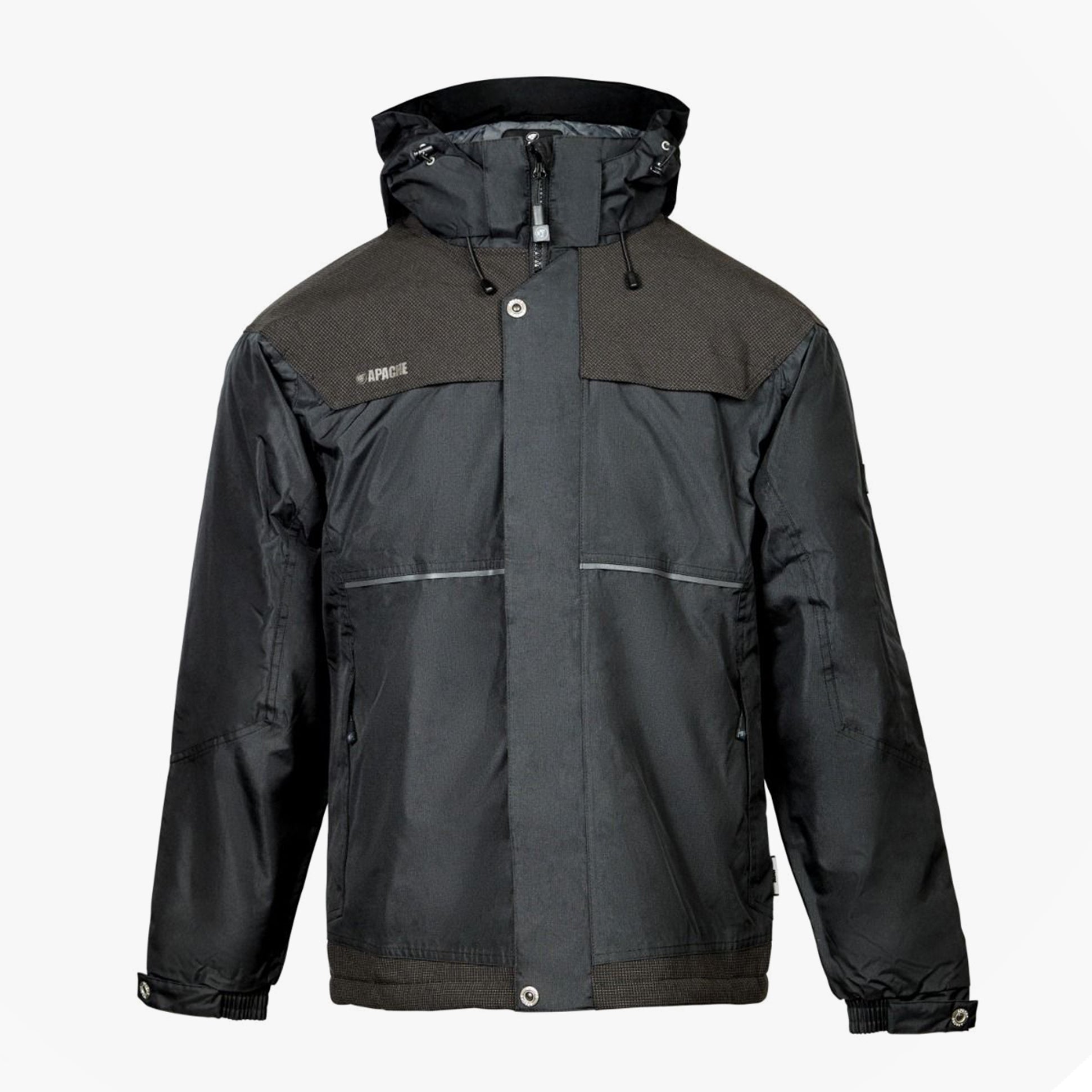 Apache ATS Mens Waterproof Coat Black front view showing hood, padded design and regular fit.