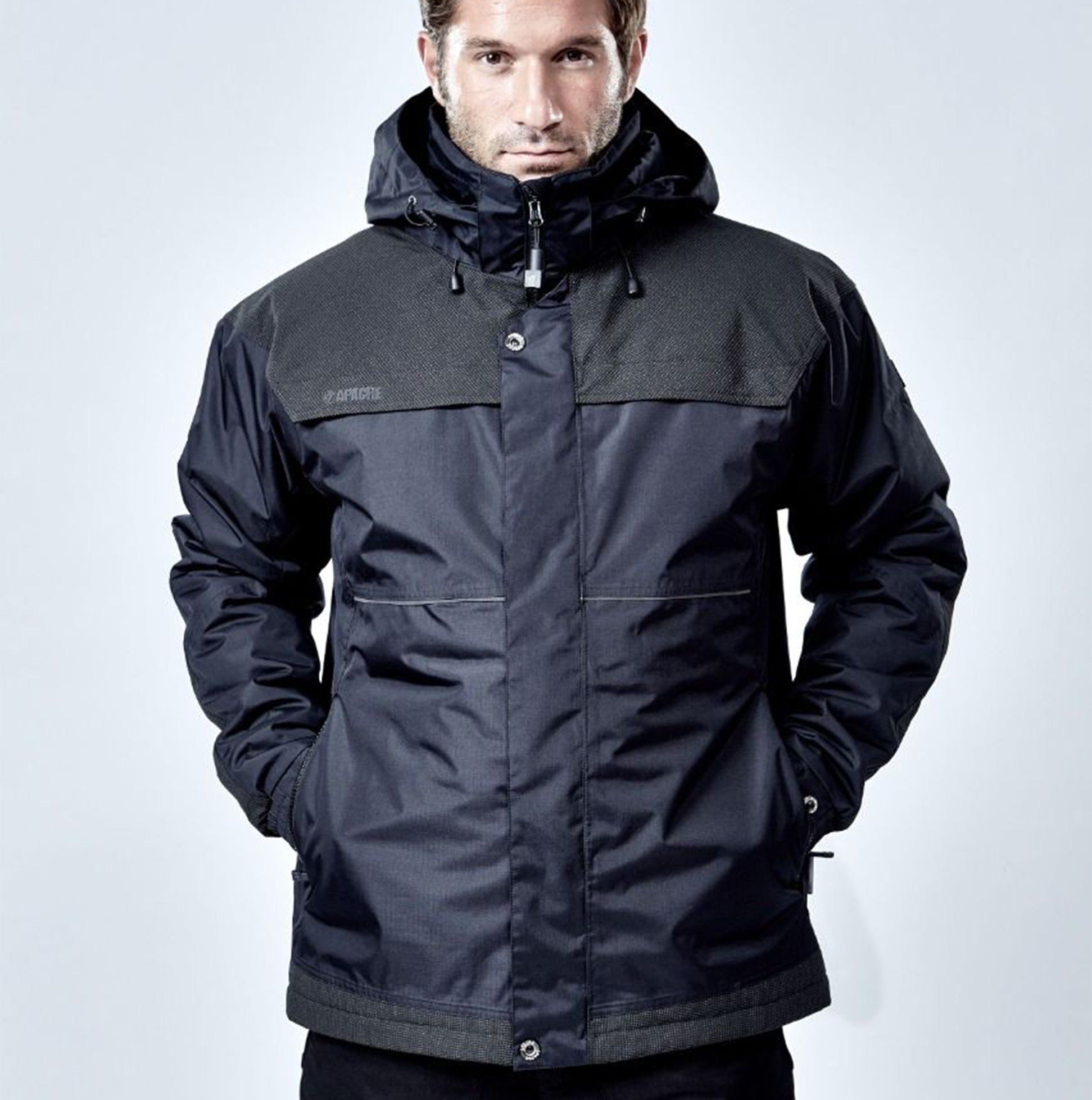 Apache ATS Mens Waterproof Coat Black front view of a hooded jacket with elasticated cuffs.