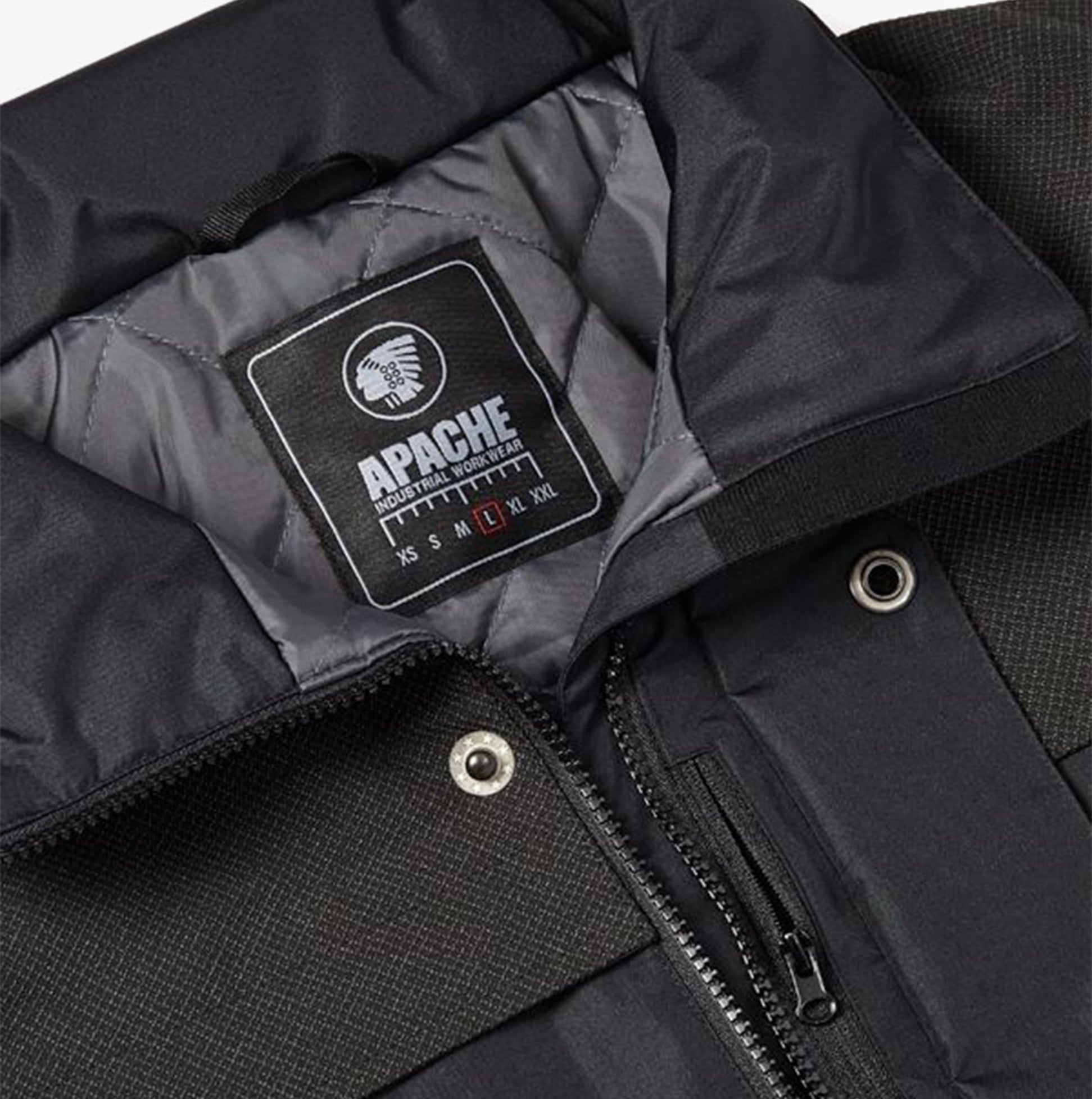 Apache ATS Mens Waterproof Coat Black inner collar and label detail view.