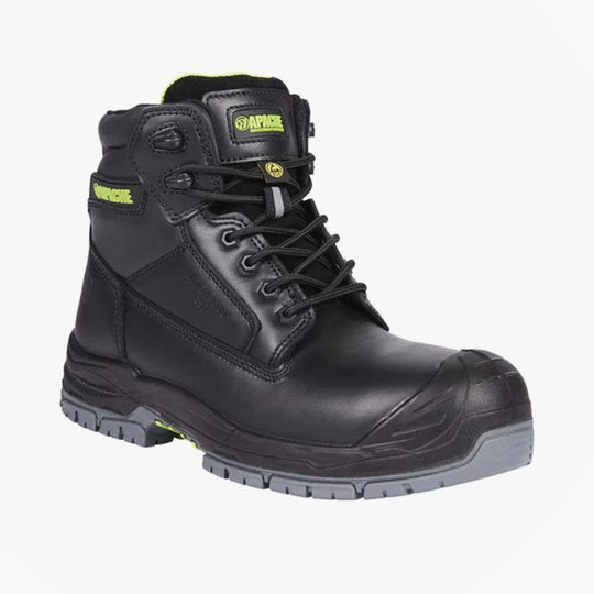 Apache CRANBROOK Unisex Boots Black side view showcasing leather upper and composite toe for safety.