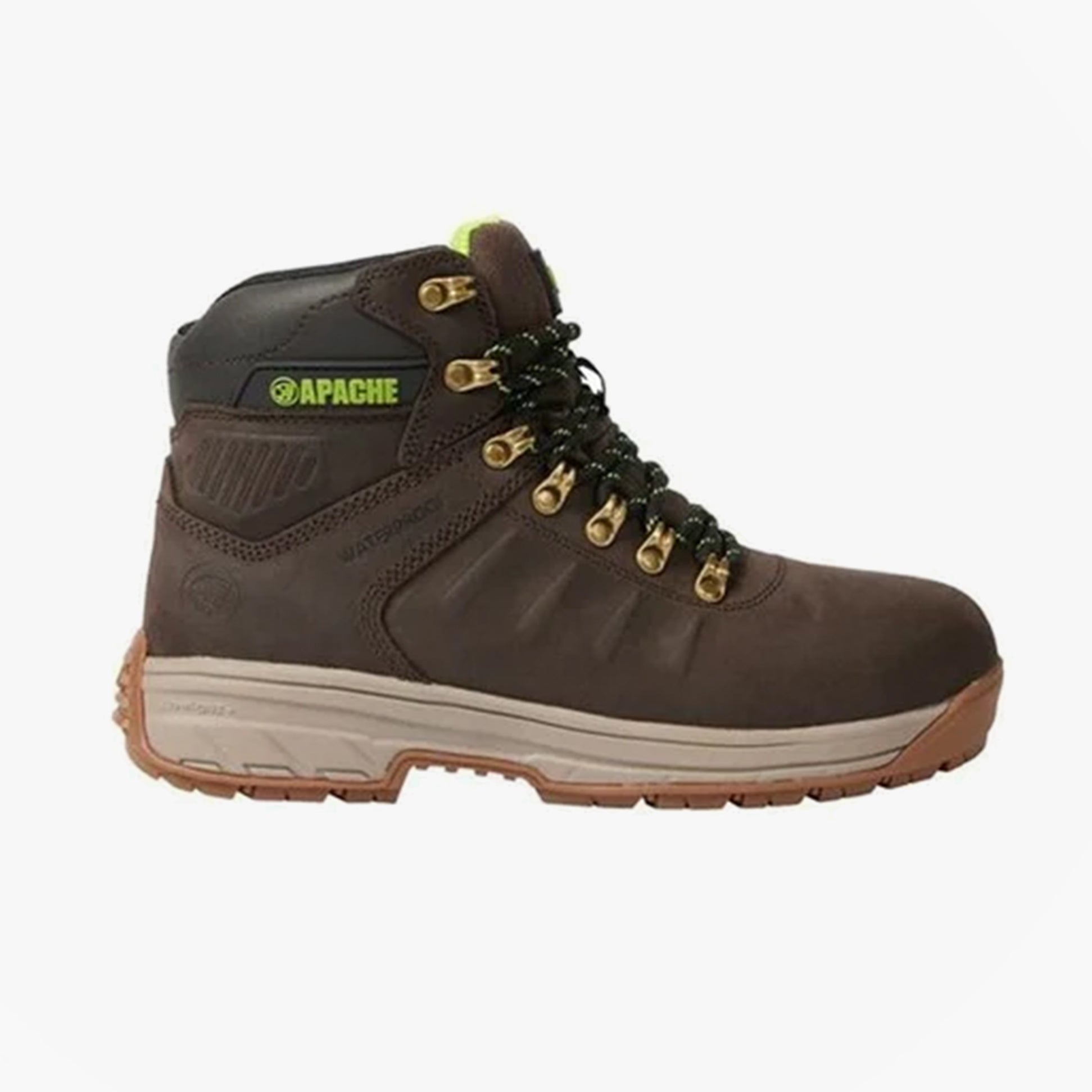 Apache MOOSE Unisex Boots Brown side view featuring safety features and lace-up closure.