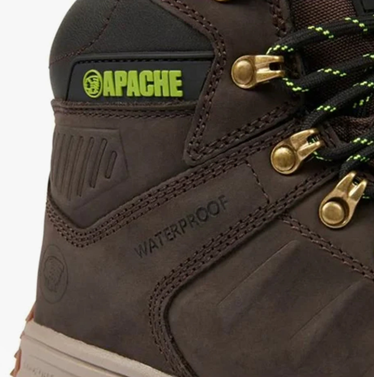 Apache MOOSE Unisex Boots Brown detail view showing waterproof label and eyelets for laces