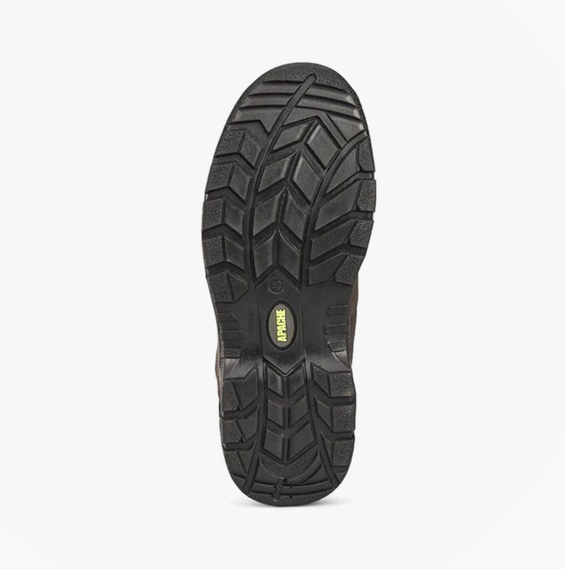 Apache SS812SM Unisex Boots Black sole view showcasing rubber tread design for traction and stability.