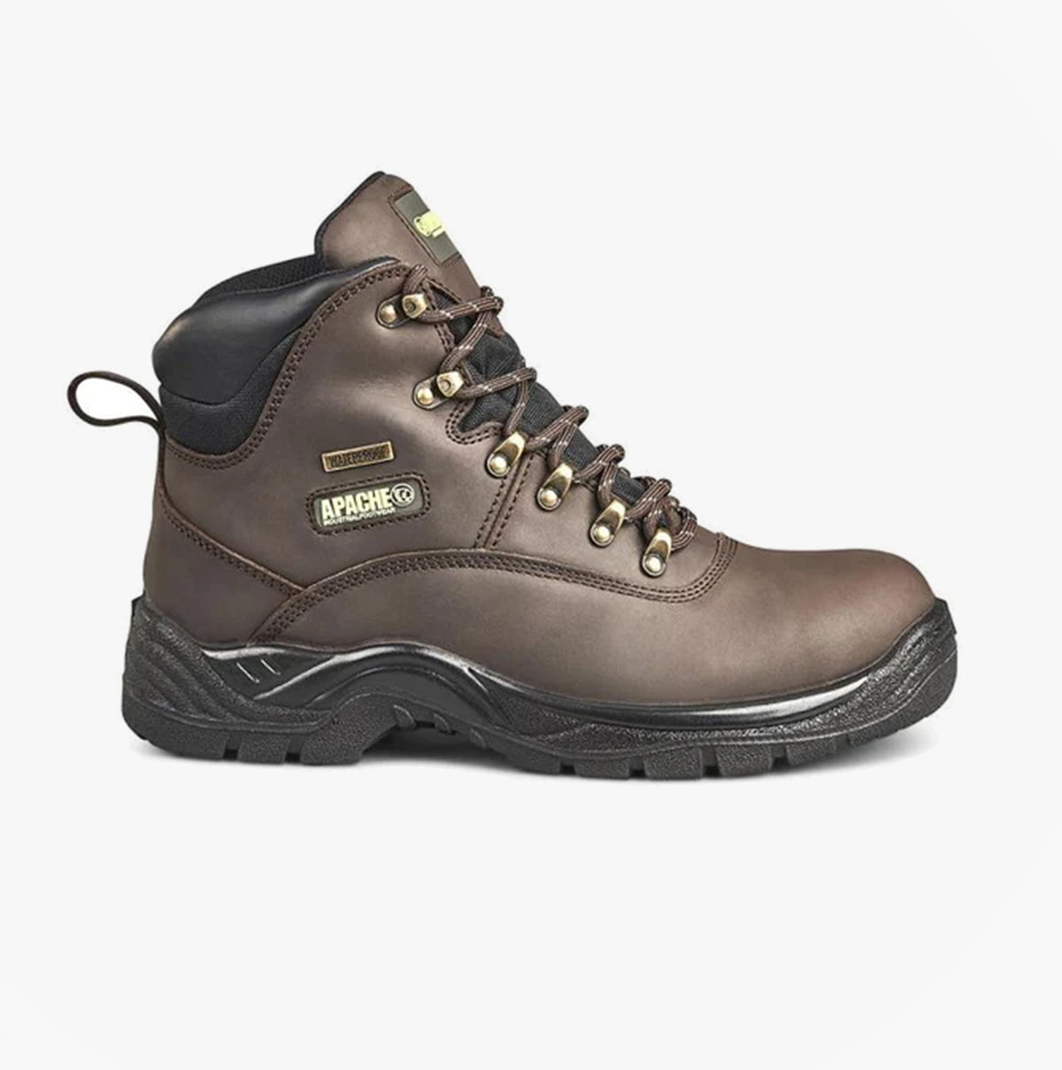 Apache SS813SM Unisex Boots Brown side view featuring leather upper, lace-up closure, and rubber sole for added safety.