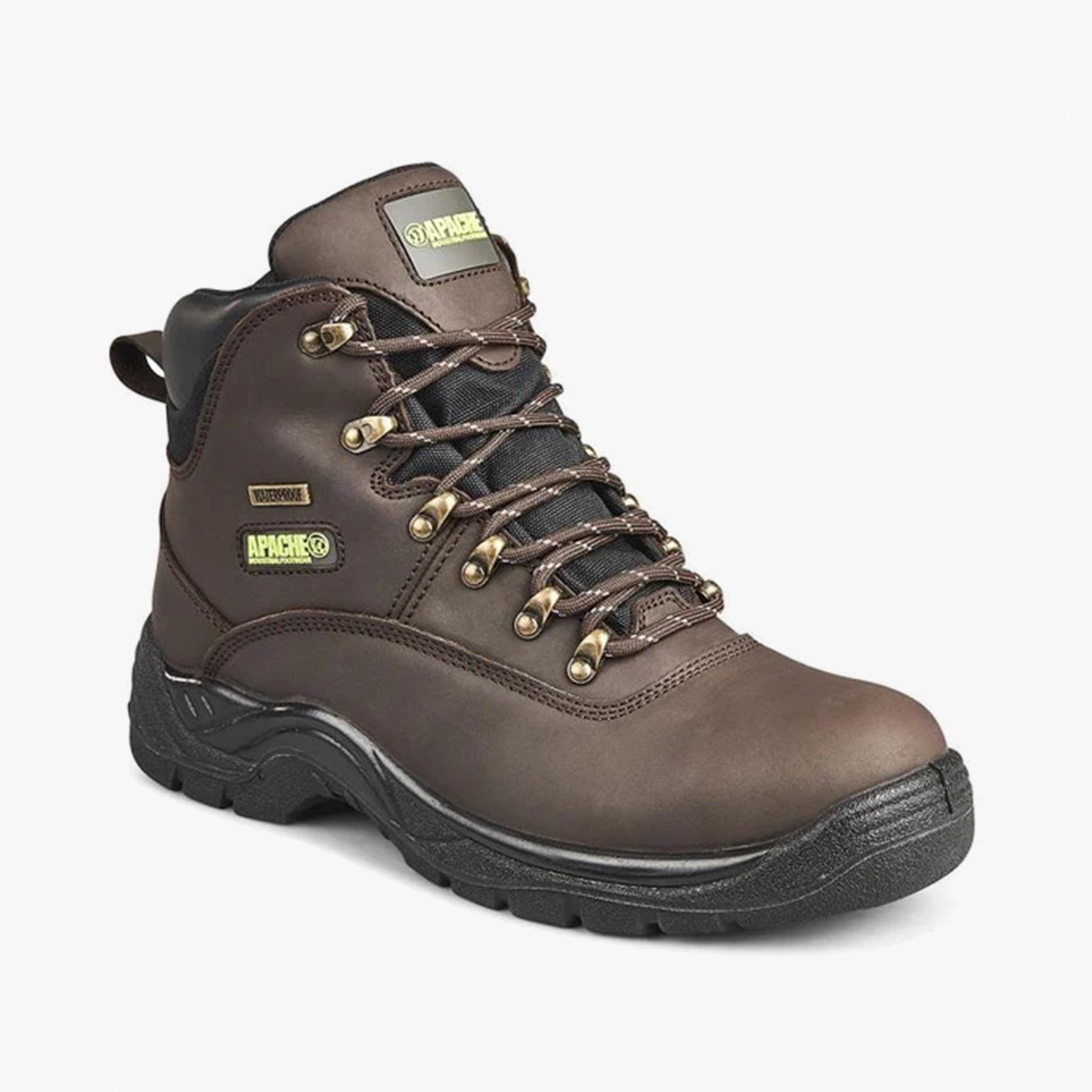 Apache SS813SM Unisex Boots Brown side view, leather safety boots with round toe shape and lace-up closure.