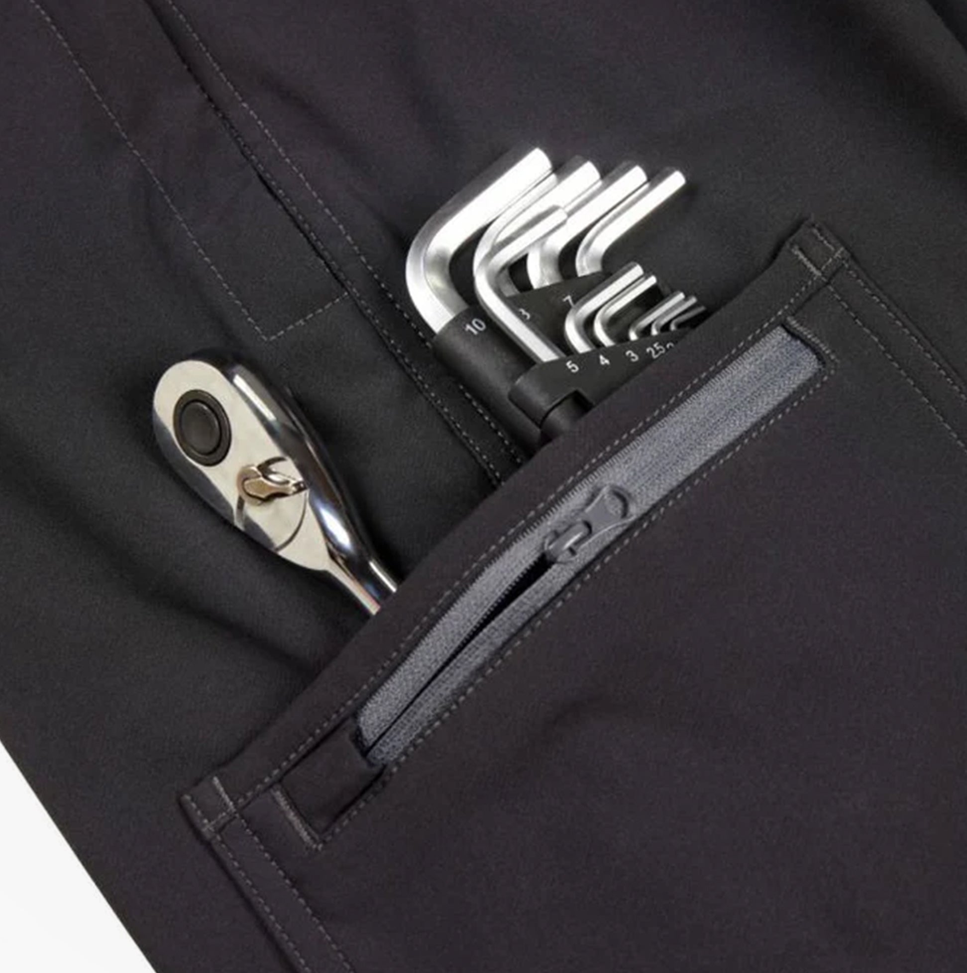 Apache WATSON Mens Workwear Joggers Black Grey detail view of cargo pocket with tools