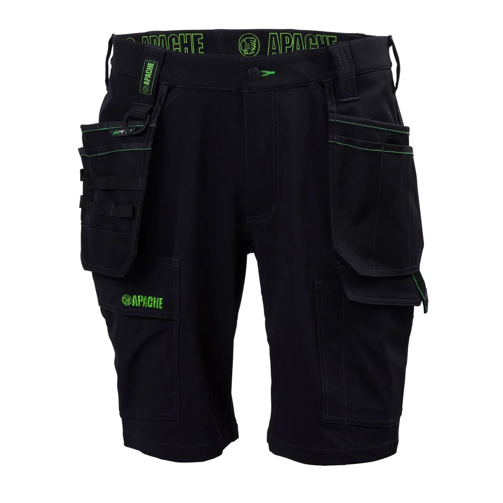 Apache WHISTLER Mens Workwear Shorts Black, front view showcasing multi-pocket features and lightweight design.