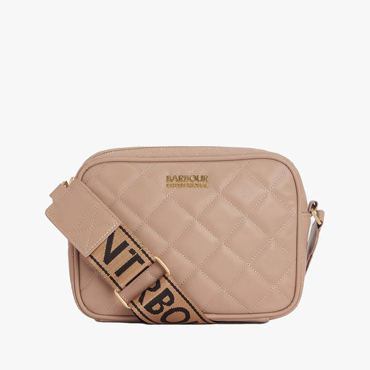 Barbour QUILTED SLOANE Womens Crossbody Bag Camel front view with adjustable strap and Barbour logo.