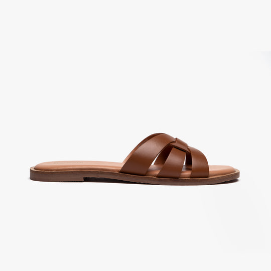 Barbour MIRANDA Womens Sandals Cognac side view with brown leather straps and flat sole.