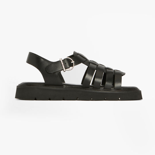 Barbour OTTERBURN Womens Fisherman Sandals Black side view showcasing leather upper, buckle closure, and rubber sole.