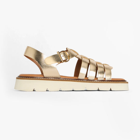 Barbour OTTERBURN Womens Fisherman Sandals Gold side view showing leather upper and rubber sole.