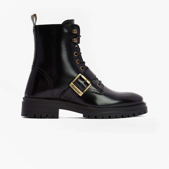 Barbour OUSEBURNE Womens Lace Up Boots Black Glace side view featuring combat style, leather upper, and rubber sole.