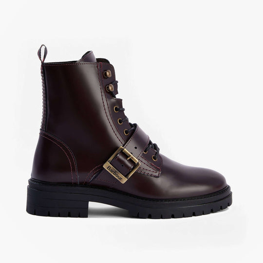 Barbour OUSEBURNE Womens Lace Up Boots Cherry Glace side view featuring leather upper and rubber sole.