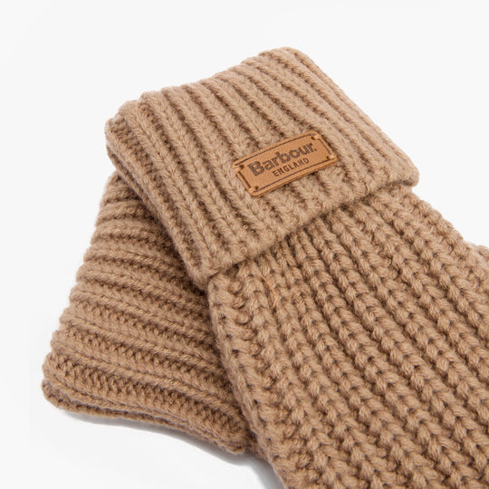 Barbour SALTBURN KNITTED Womens Gloves Mink detail view showcasing the ribbed knit design and brand label.